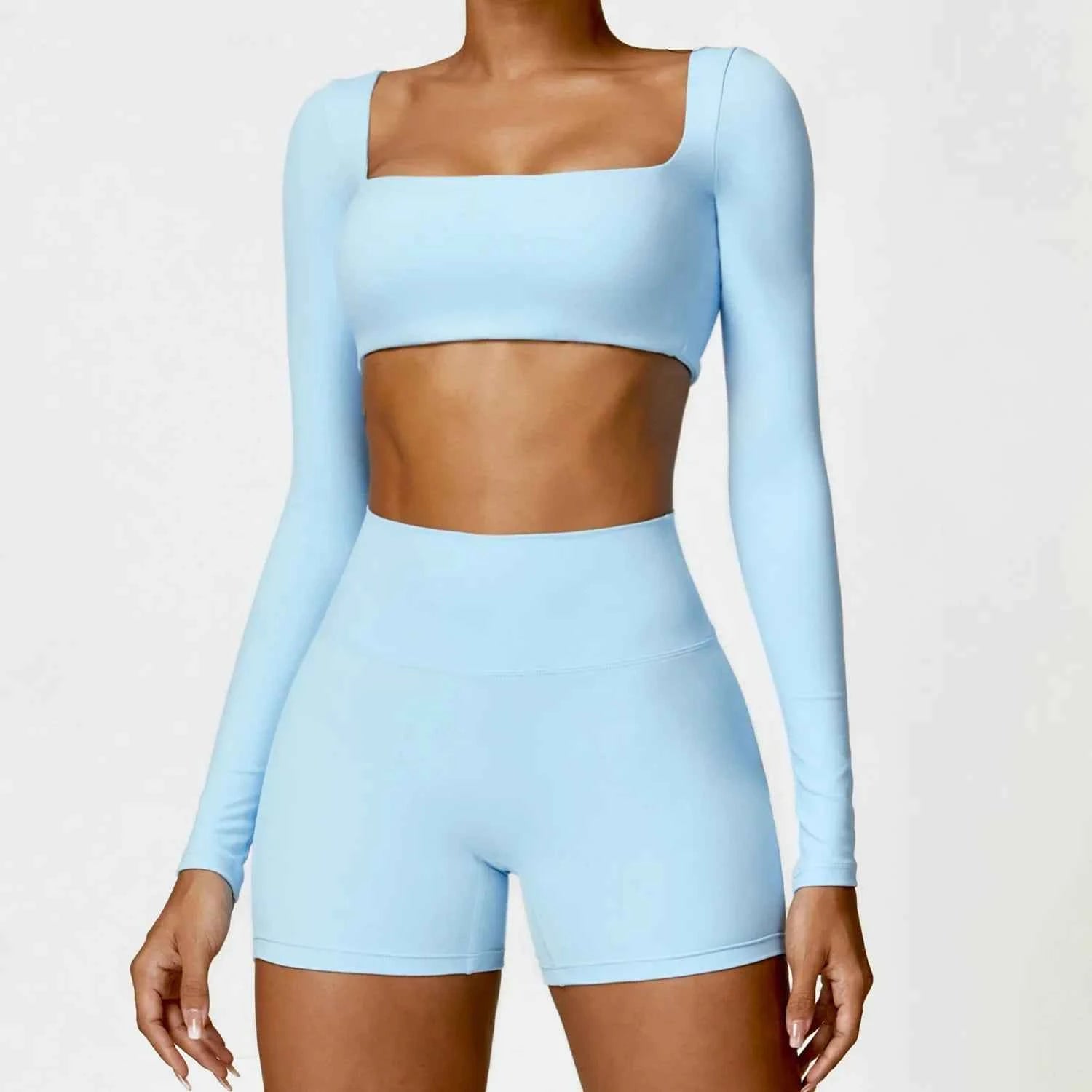 Yoga Set 2PCS Women Gym Long Sleeve Seamless Sportswear Workout Clothes Athletic Wear Legging Fitness Bra Crop Top Sports Suits