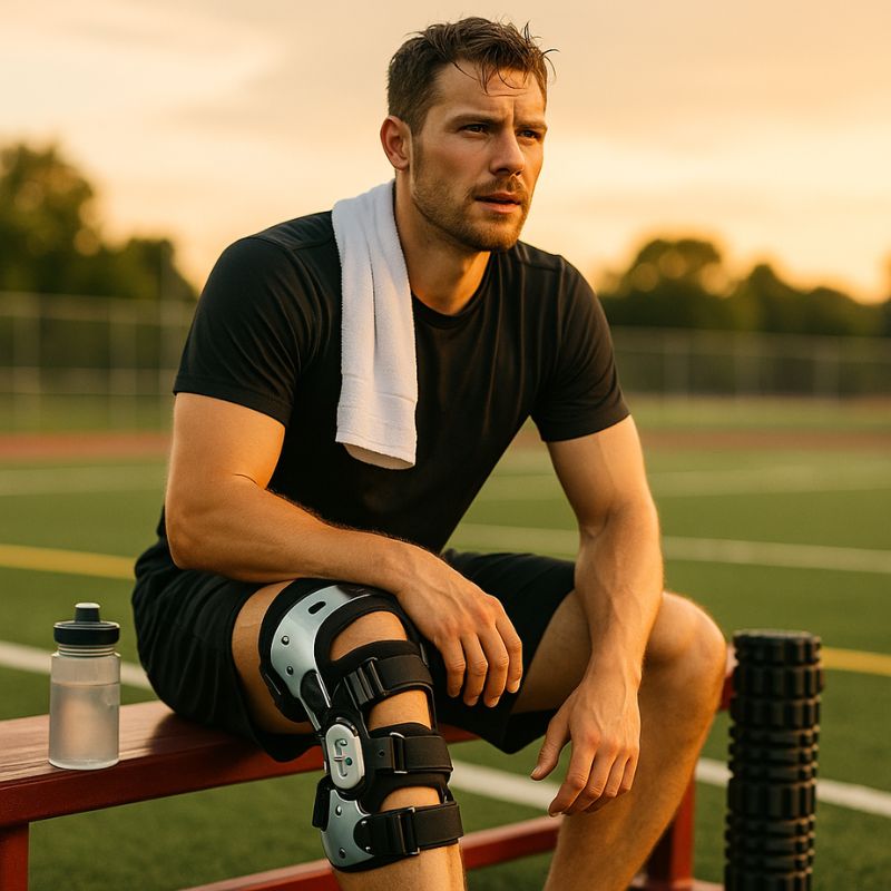 Sportif en récupération portant une attelle de genou après un traumatisme articulaire.