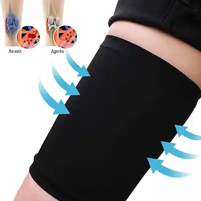 Femme jouant au tennis avec manchons de compression aux cuisses pour améliorer confort, stabilité musculaire et performance sportive.