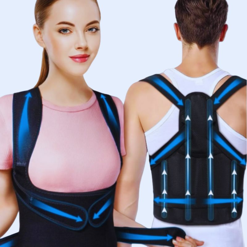 Vue avant et arrière du correcteur de posture montrant les 4 barres ABS pour redressement du dos.