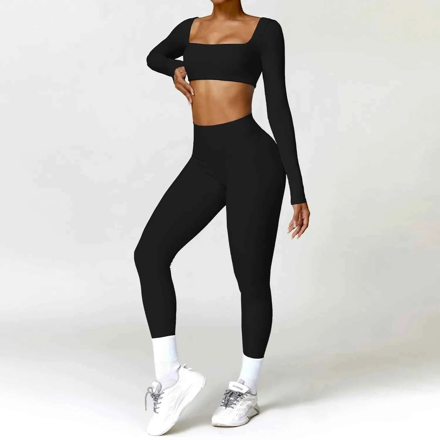 Yoga Set 2PCS Women Gym Long Sleeve Seamless Sportswear Workout Clothes Athletic Wear Legging Fitness Bra Crop Top Sports Suits