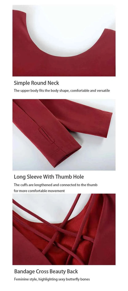 Yoga Shirts Workout Open Back Top Long Sleeve Crop Top Women Spring Autumn Gym Fitness Sportswear Cross Back Sports T-shirt