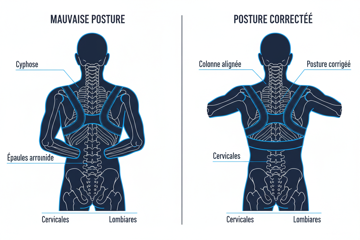 Correcteur de posture : Anatomie posture cyphose vs correction