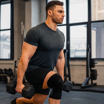 Genouillère sport de compression ajustée avec bandes Velcro pour un soutien renforcé lors d’un mouvement sportif.