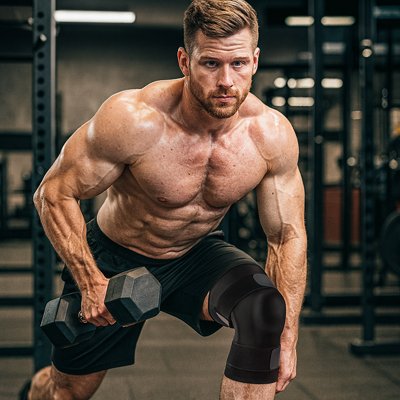 Genouillère sport de compression avec stabilisateurs latéraux pour soutenir un genou fragile ou blessé.