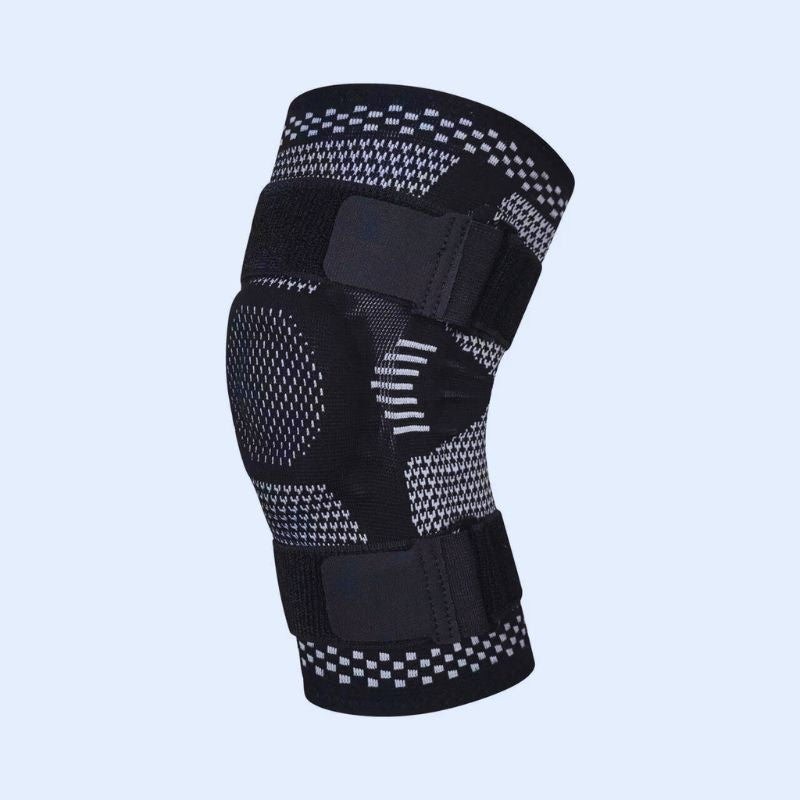 Genouillère sport respirante en néoprène utilisée pour protéger un genou sensible durant la course.