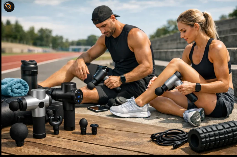 Récupération musculaire sportive avec pistolet de massage après entraînement intensif pour réduire les tensions musculaires