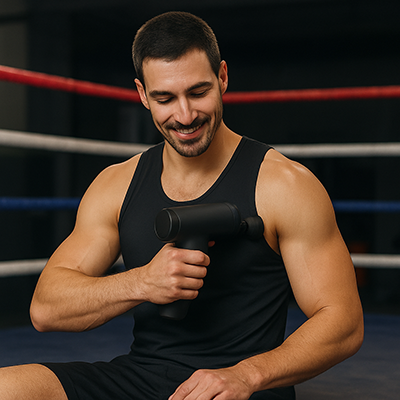 pistolet masseur thermoflex pro en action sur les pectoraux