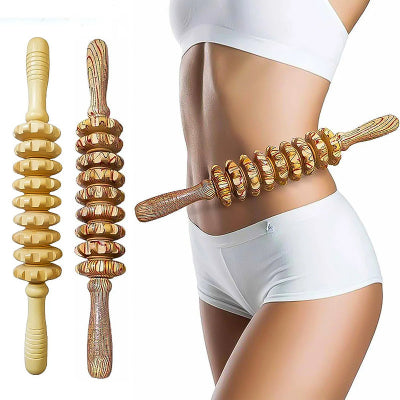 rouleau de massage rollzen en bois naturel qui soulage les douleurs musculaires