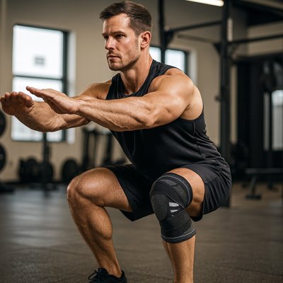 Sportif amateur portant une genouillère sport de compression pour stabiliser le genou pendant l’entraînement.